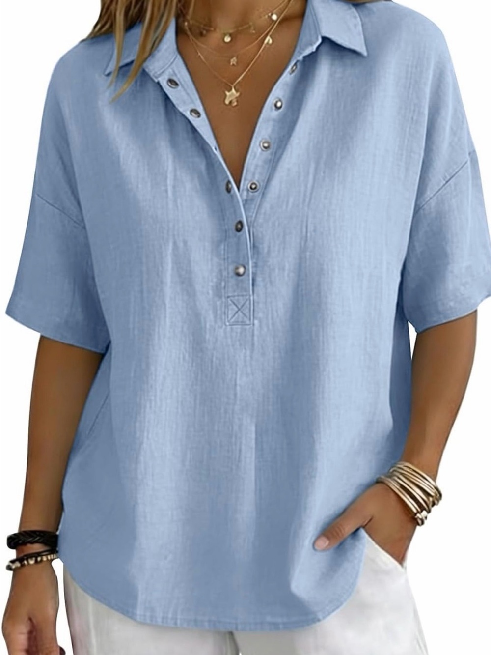 Relaxed Button-Front Top - Light Blue - Picture 3 of 5